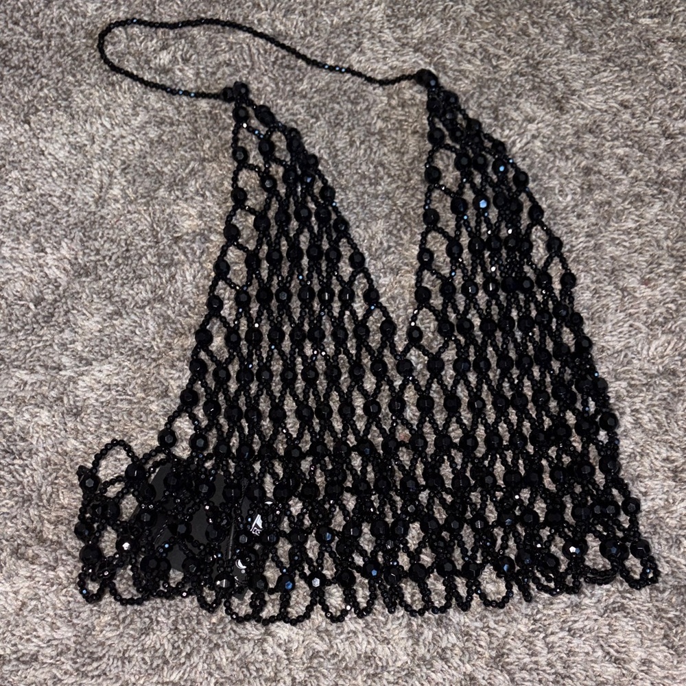 Zara Black Beaded Mesh Halter Crop Top NWT Festival Layering - Picture 1 of 3